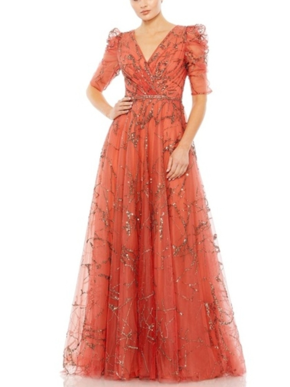 Mac Duggal Coral/Orange/Cinnamon Embellished V-Neck Gown STYLE 20428 Size 6